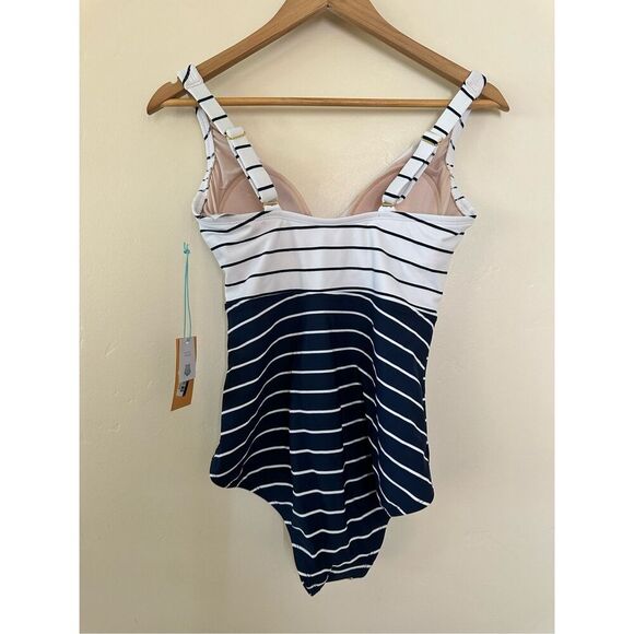Kona Sol Blue and White Stripe Deep Plunge One Piece Swimsuit Size Medium - Picture 5 of 5